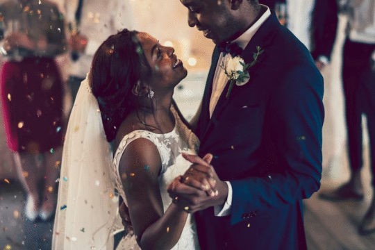 Black couple dancing and laughing on their wedding day.