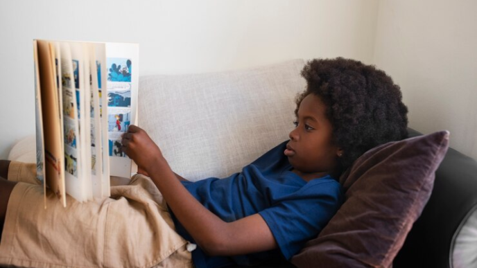 A child reading a story book.