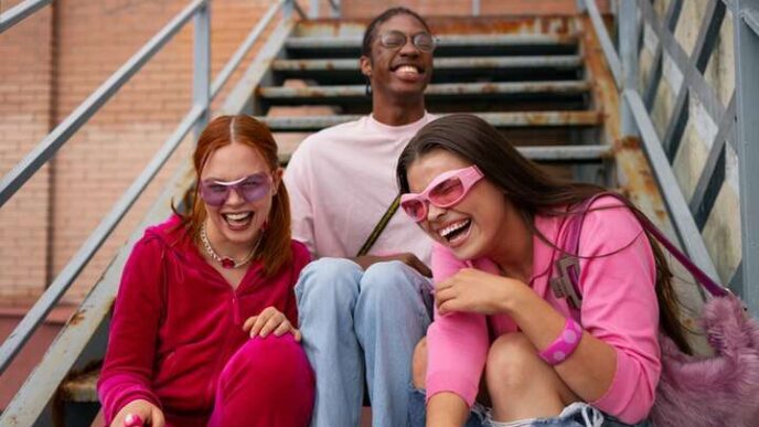 Teenagers playing and laughing together.