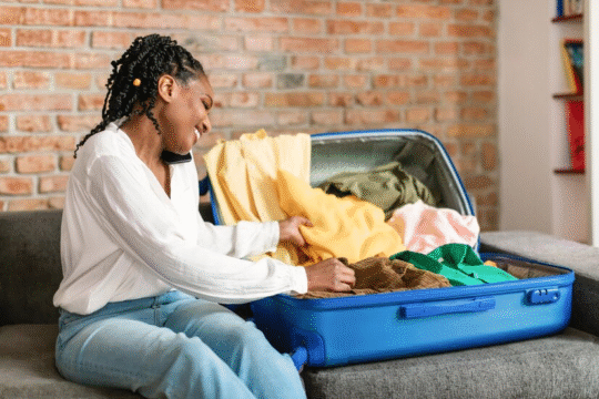 A lady packing a carry-on bag.