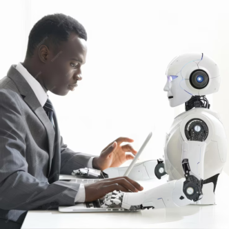 A tech expert working with a robot