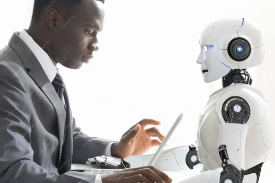 A tech expert working with a robot