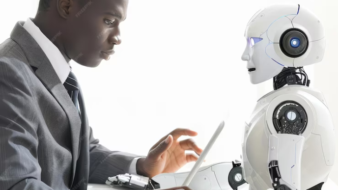 A tech expert working with a robot