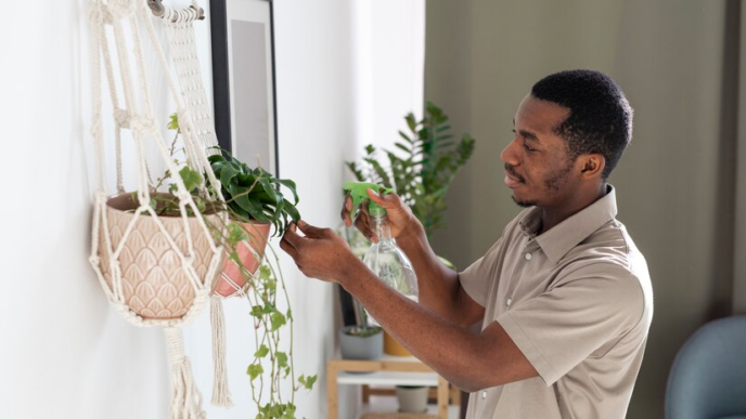 A man watering the plants in his living space