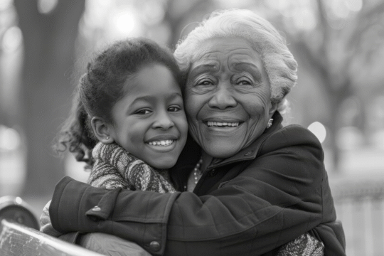 A happy elderly woman with a young girl